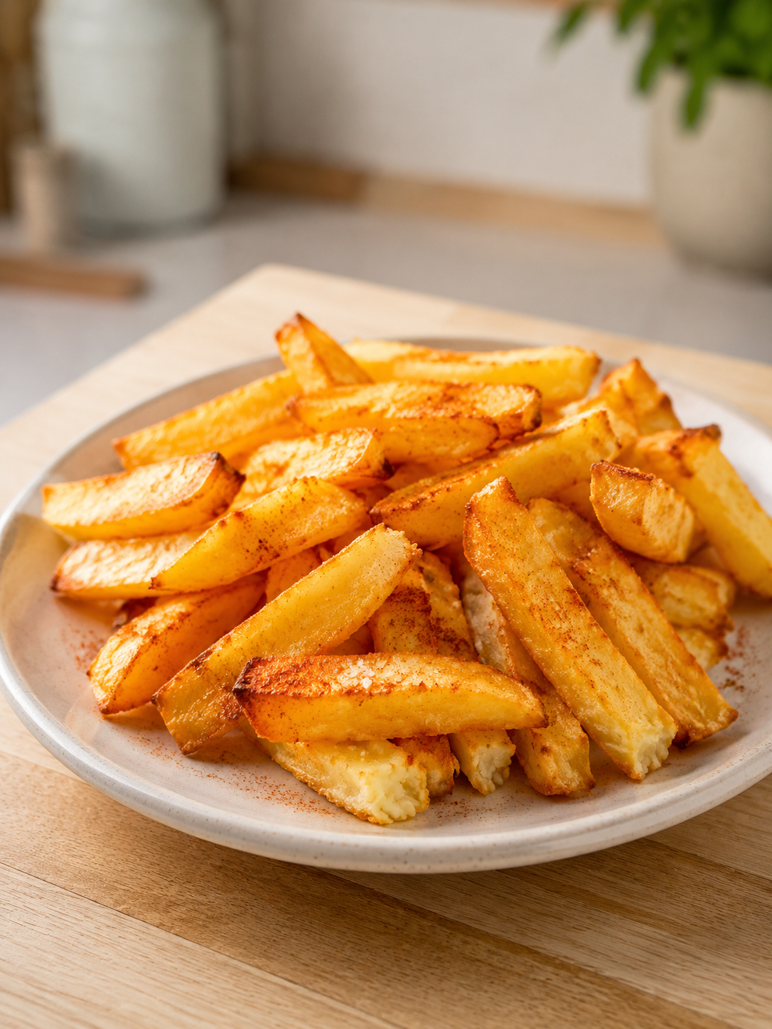 Batata frita feita na air fryer com a casquinha crocante de fritura de verdade, usando só uma colher de óleo. O segredo está no preparo antes de assar.