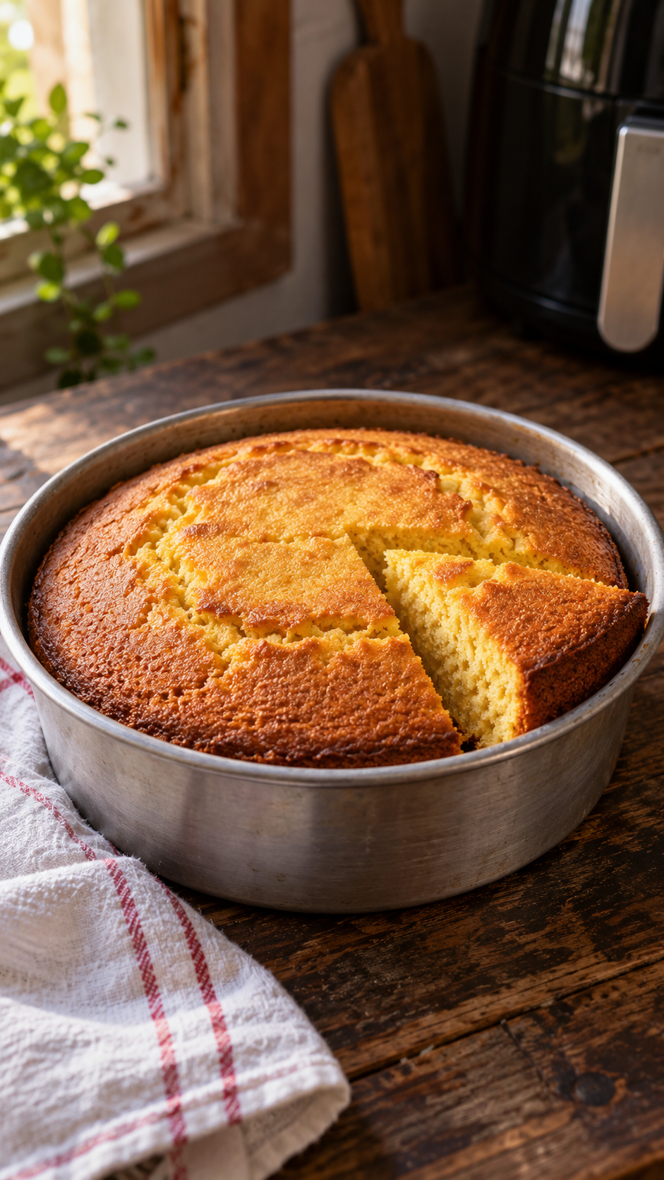 Bolo de fubá cremoso na air fryer, com o topo fofinho e uma camada cremosa no fundo. O segredo é a massa bem líquida, batida toda no liquidificador.